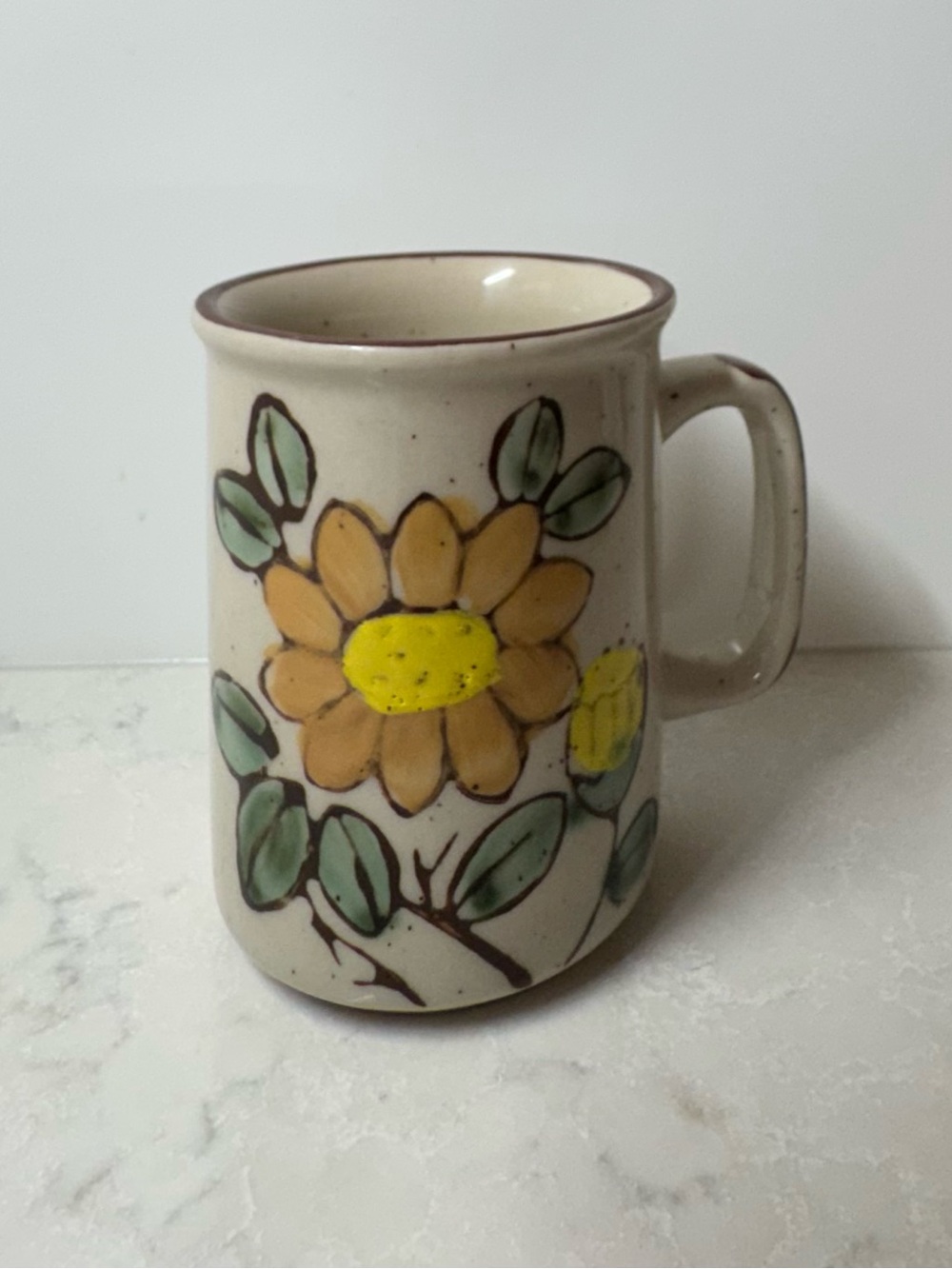 Vintage Hand-Painted Stoneware Mug in Yellow & Speckled Beige Base